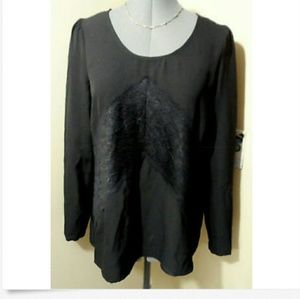 Nwt DE COLLECTION Lace trim Top S Black blouse LS